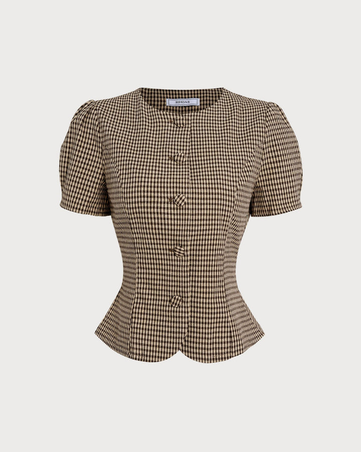 Brown Plaid Puffed Sleeve Blouse