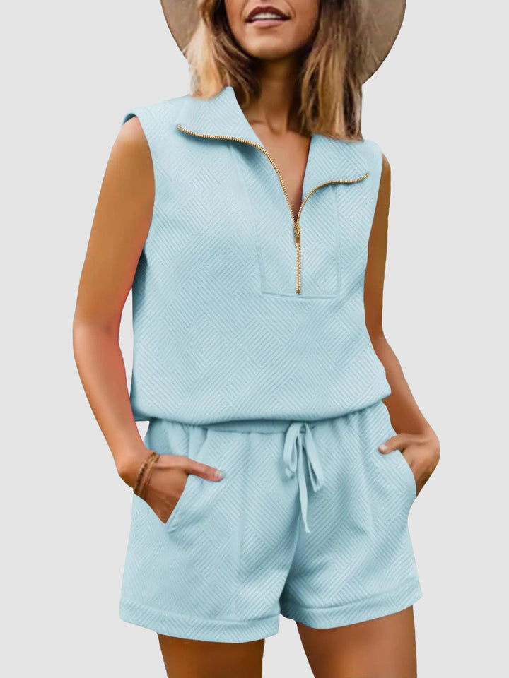Womens 2 Piece Outfits Textured Quarter-Zip Sleeveless Tops with Shorts