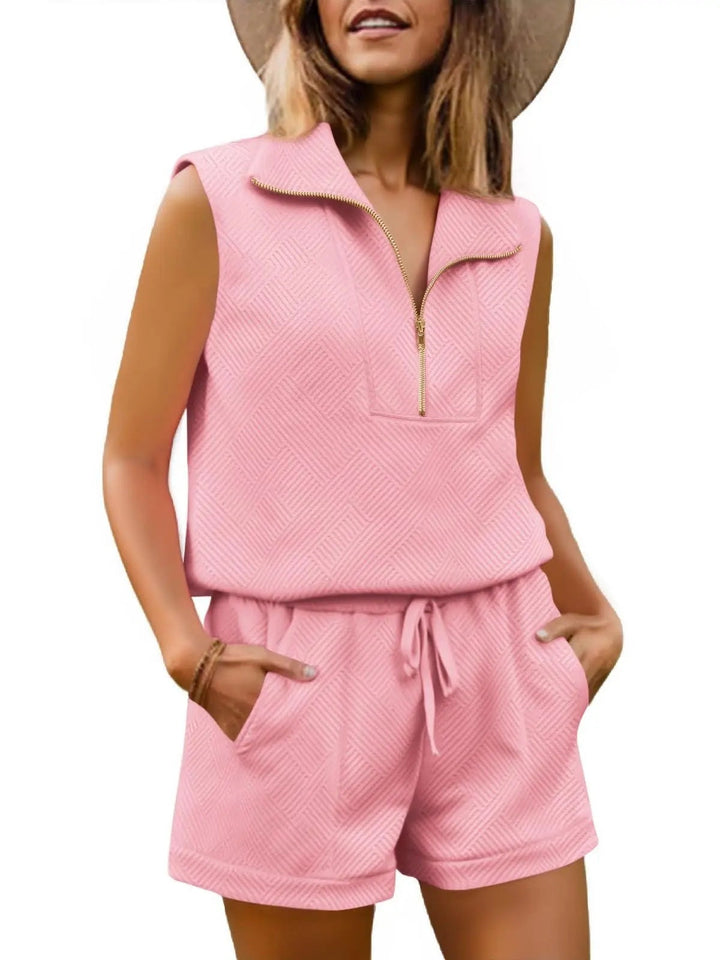 Womens 2 Piece Outfits Textured Quarter-Zip Sleeveless Tops with Shorts