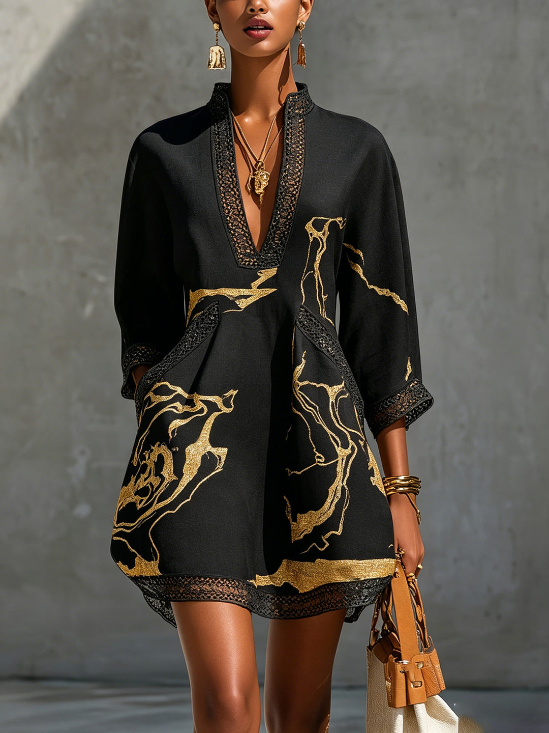Ivory Gold Print V-Neck Mini Dress With Crochet Trim
