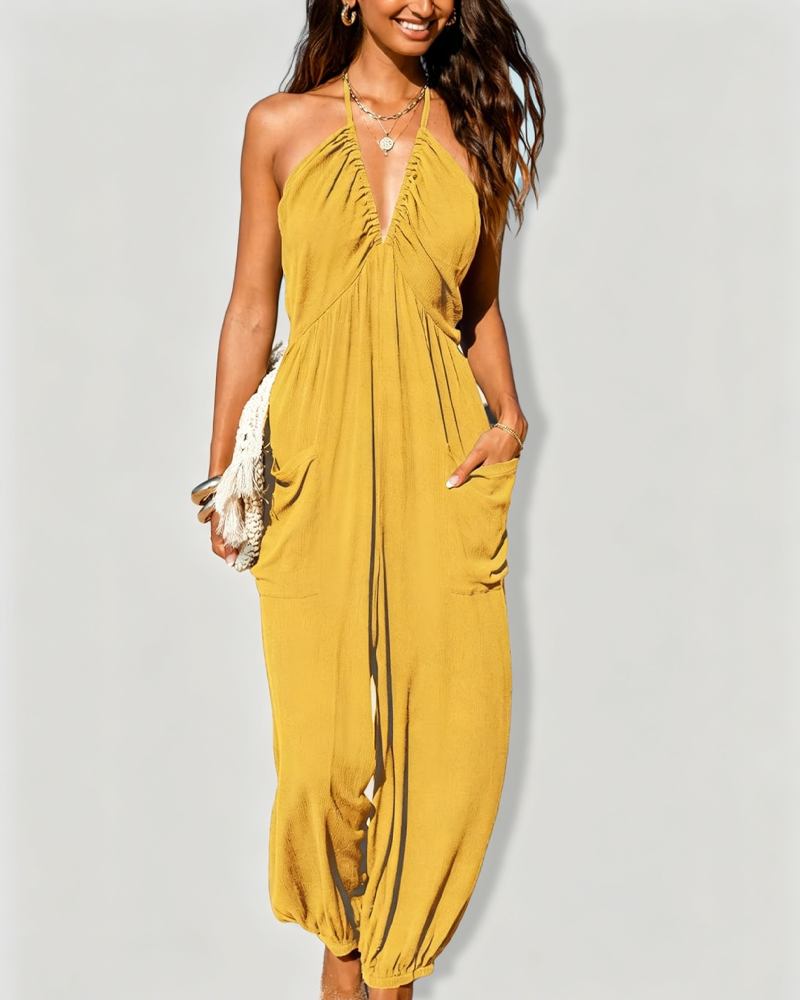 Halter Sleeveless Ruched Pocket Tie-Back Wide Leg Jogger Jumpsuit