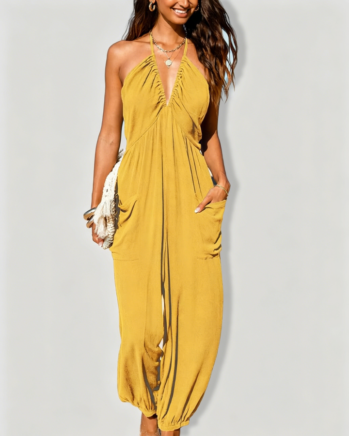 Halter Sleeveless Ruched Pocket Tie-Back Wide Leg Jogger Jumpsuit