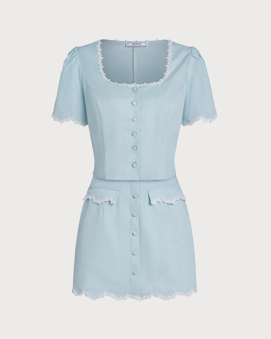 Light Blue Lace Button Square Neck Shirt