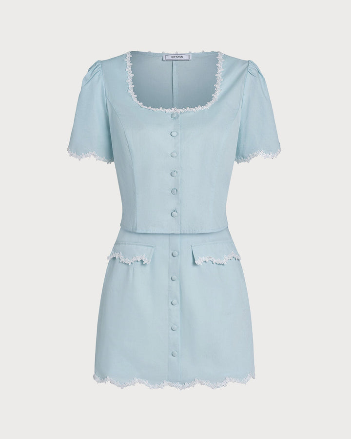 Light Blue Lace Button Square Neck Shirt