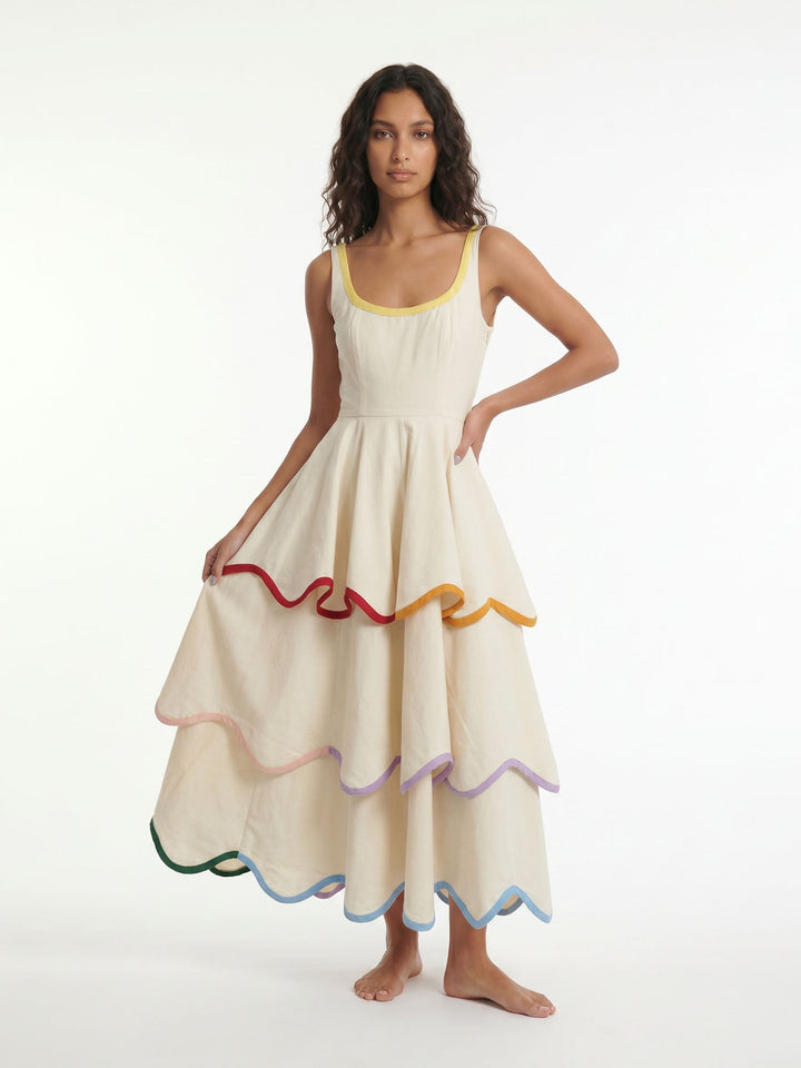 Cream Rainbow Ruffle Maxi Dress