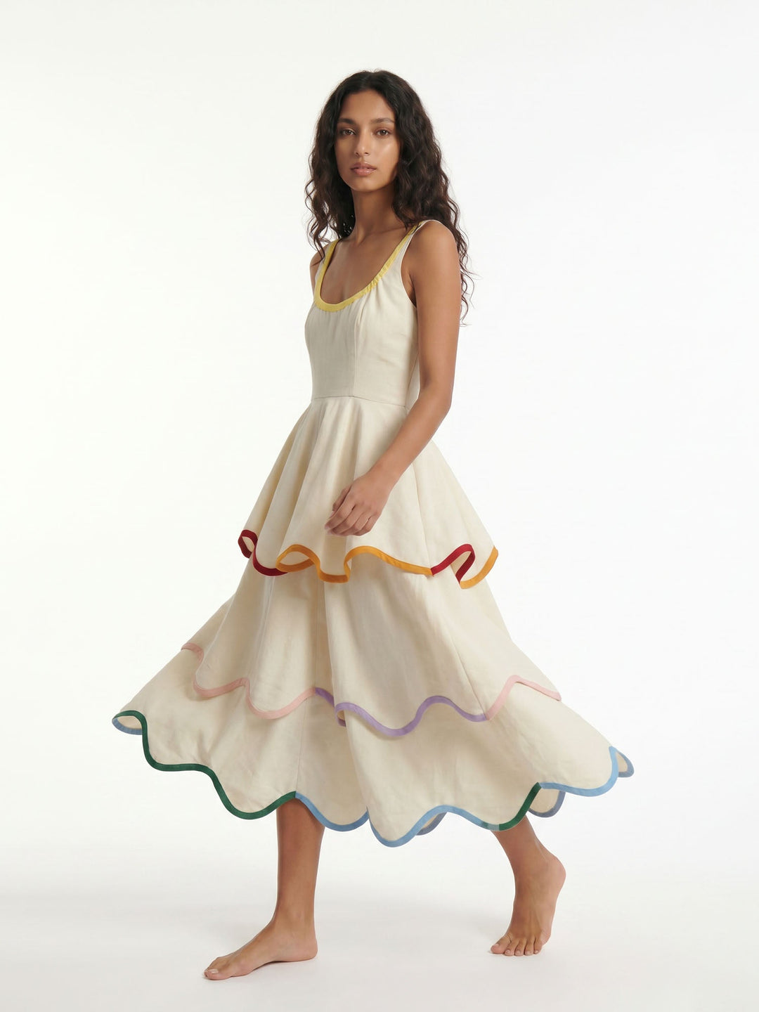 Cream Rainbow Ruffle Maxi Dress