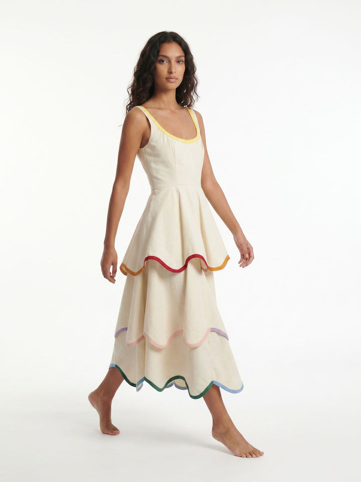 Cream Rainbow Ruffle Maxi Dress