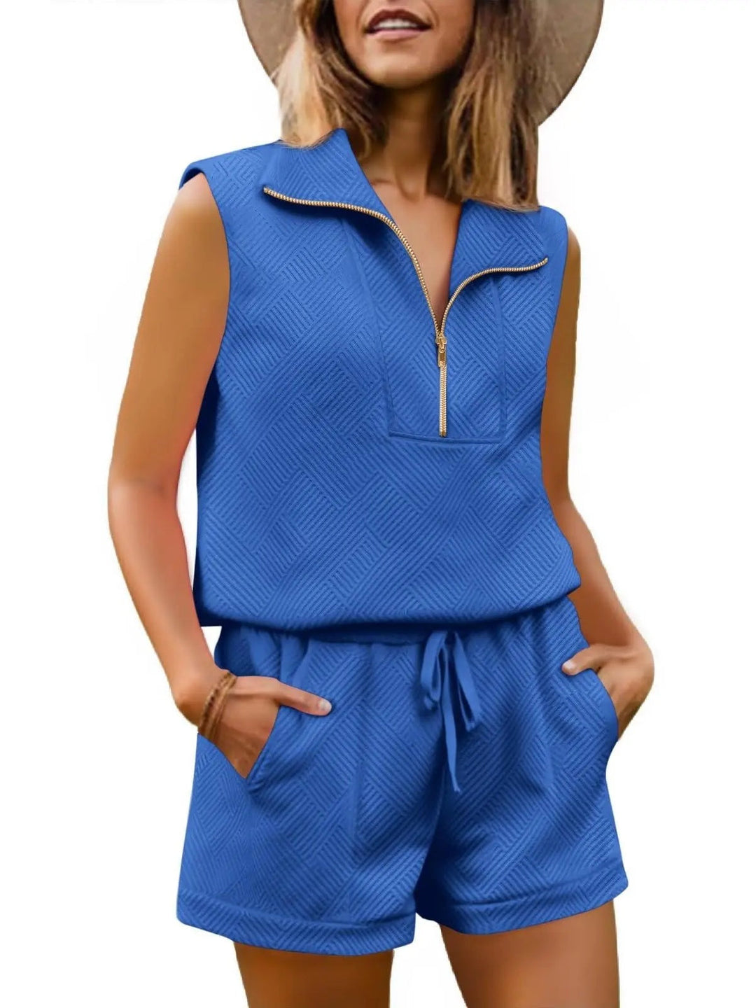 Womens 2 Piece Outfits Textured Quarter-Zip Sleeveless Tops with Shorts