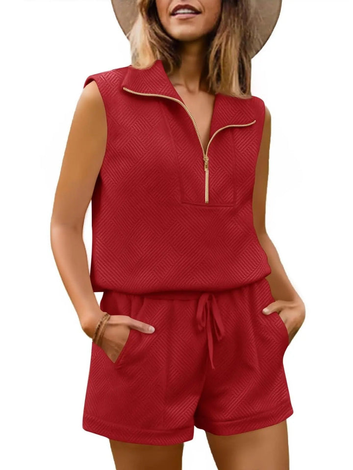 Womens 2 Piece Outfits Textured Quarter-Zip Sleeveless Tops with Shorts