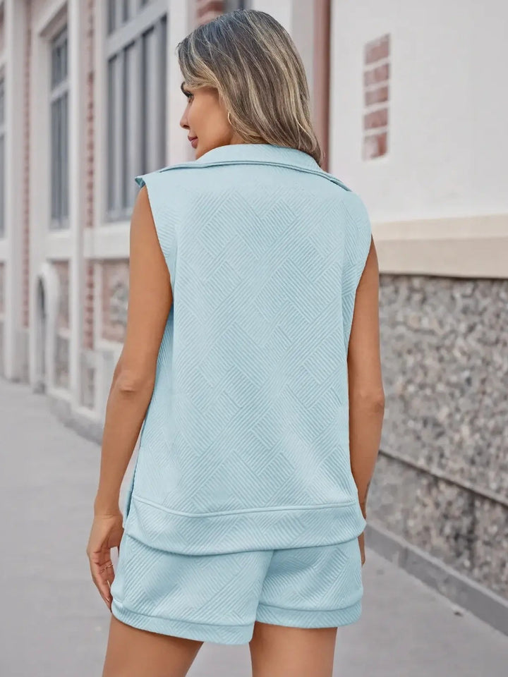 Womens 2 Piece Outfits Textured Quarter-Zip Sleeveless Tops with Shorts