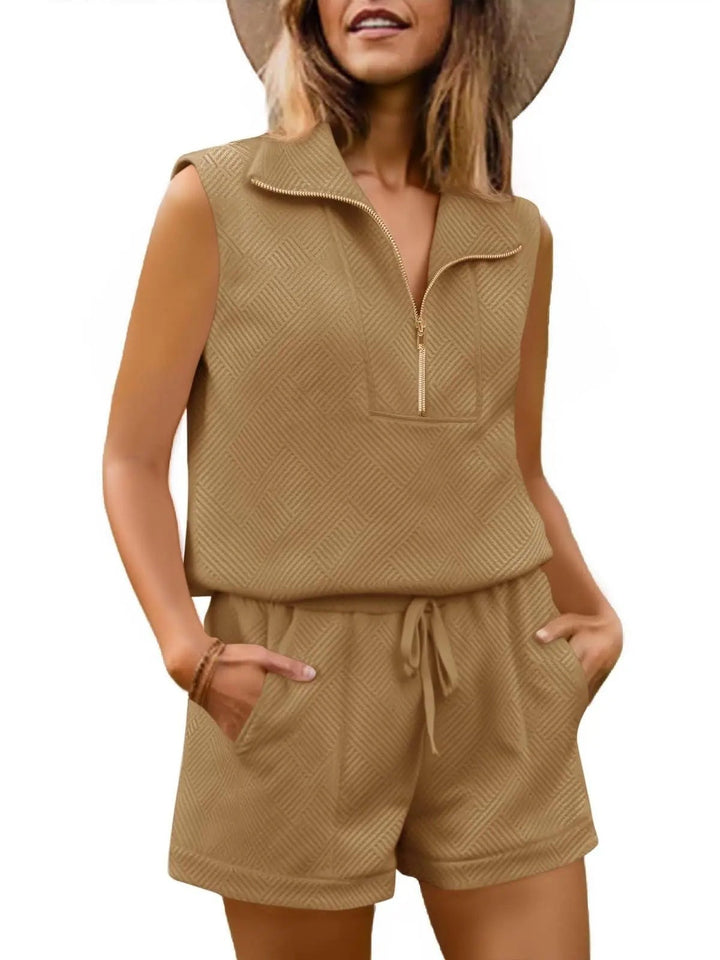 Womens 2 Piece Outfits Textured Quarter-Zip Sleeveless Tops with Shorts