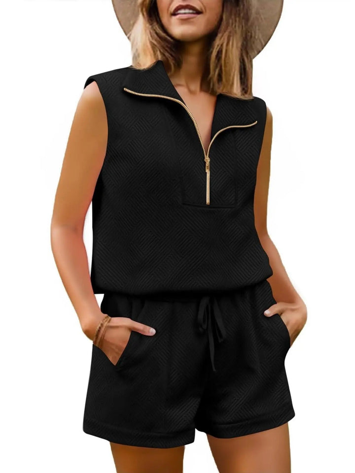 Womens 2 Piece Outfits Textured Quarter-Zip Sleeveless Tops with Shorts