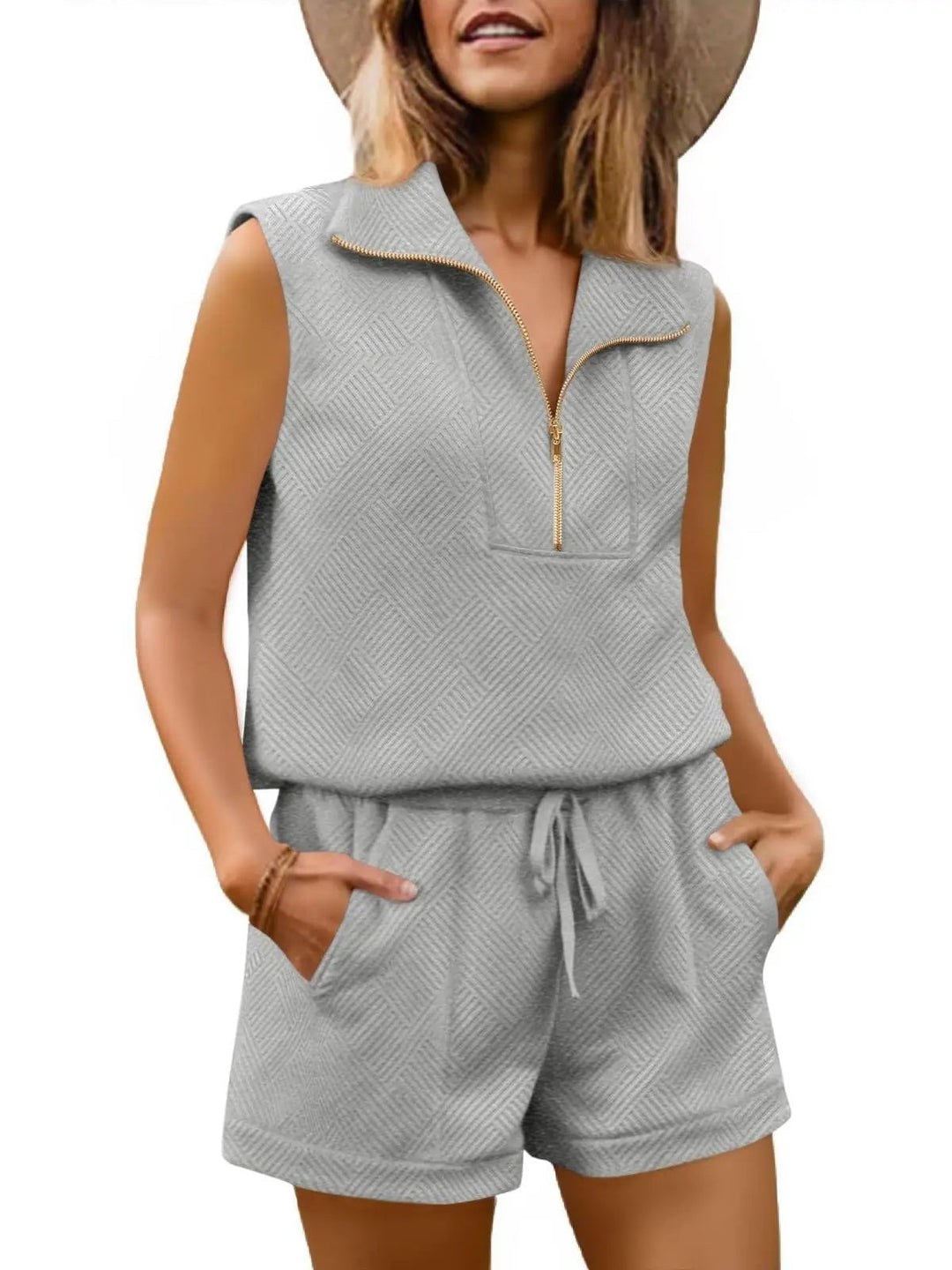 Womens 2 Piece Outfits Textured Quarter-Zip Sleeveless Tops with Shorts