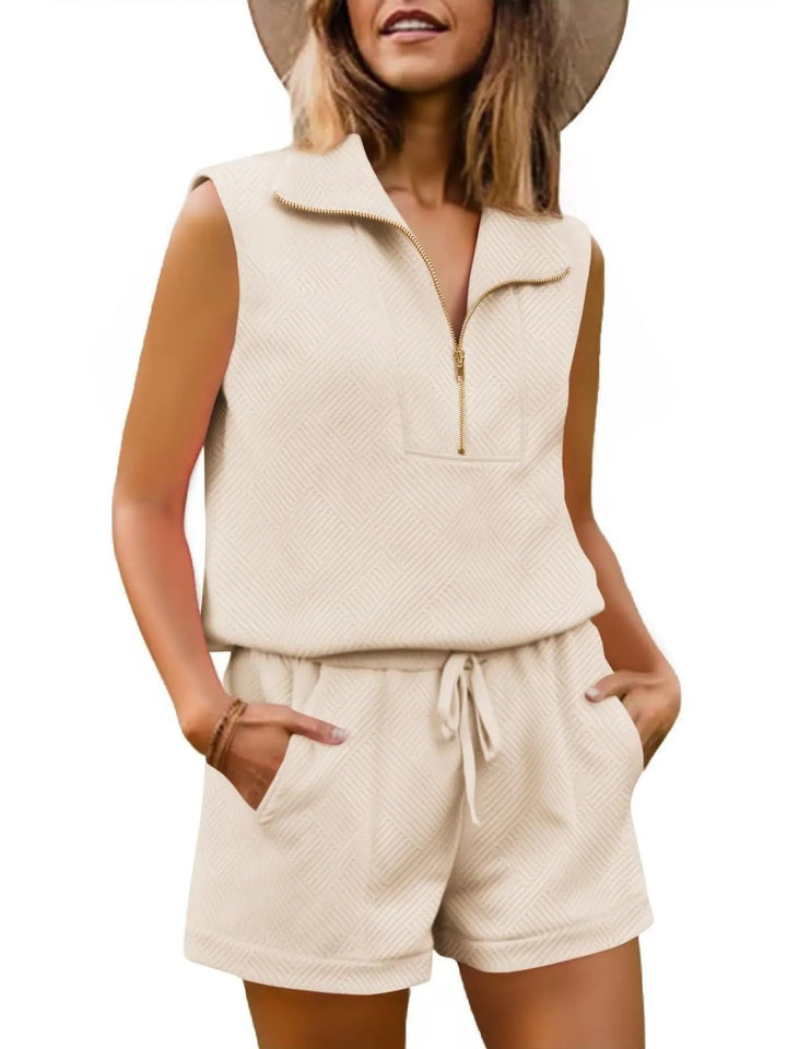 Womens 2 Piece Outfits Textured Quarter-Zip Sleeveless Tops with Shorts