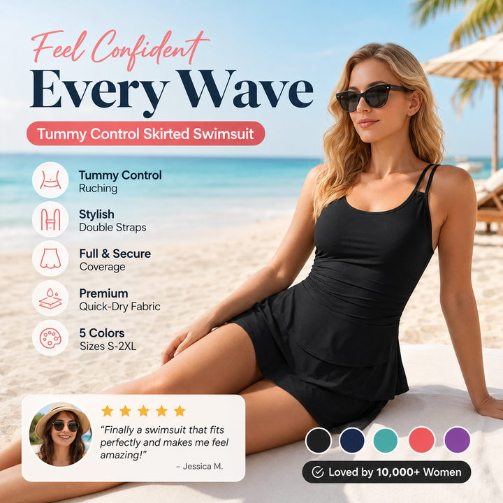 Double Strap Ruched Skirted Swimsuit – Tummy Control, Secure Support, Quick-Dry ✨