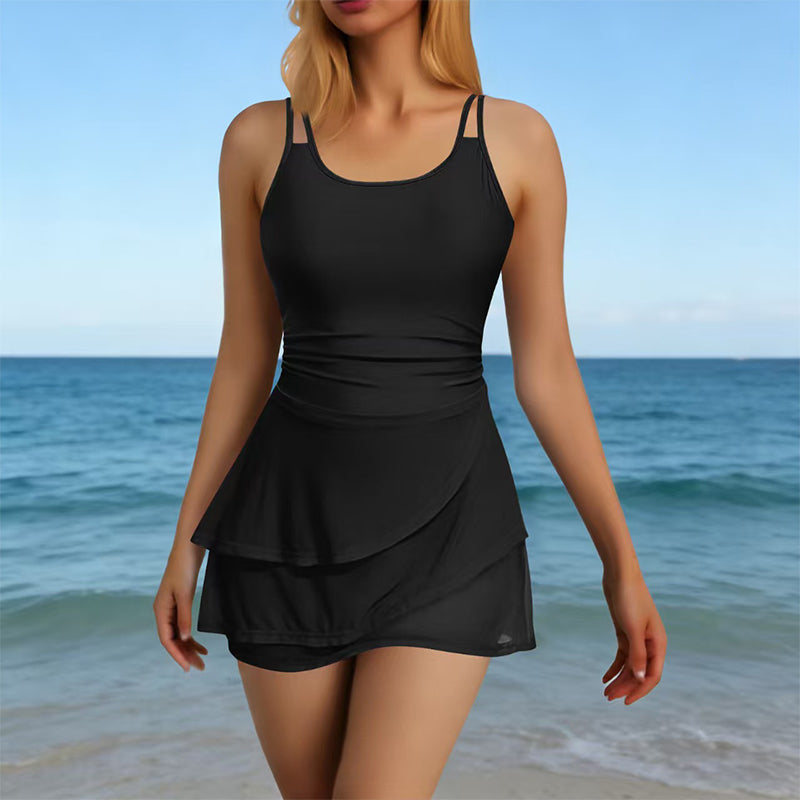 Double Strap Ruched Skirted Swimsuit – Tummy Control, Secure Support, Quick-Dry ✨