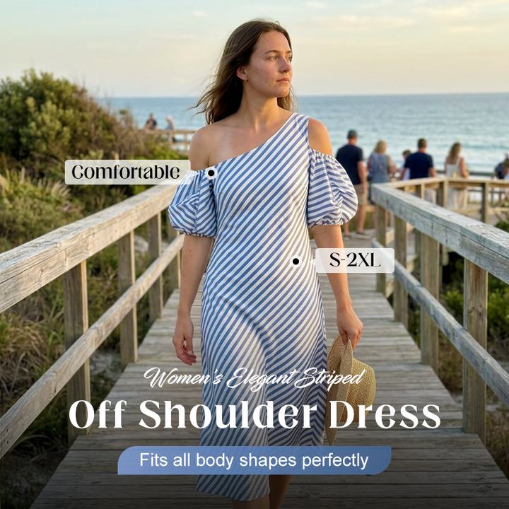 Women's Striped Off Shoulder Dress – Elegant, Flowy, Summer Chic 🌊