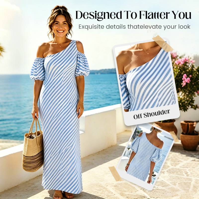 Women's Striped Off Shoulder Dress – Elegant, Flowy, Summer Chic 🌊
