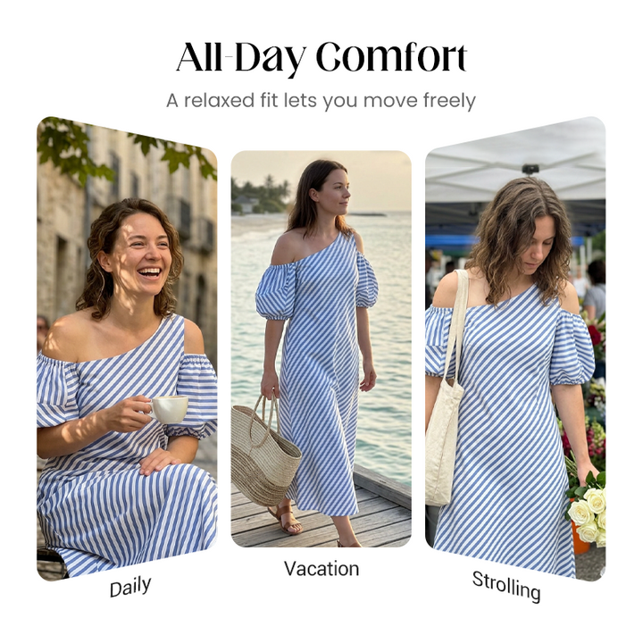 Women's Striped Off Shoulder Dress – Elegant, Flowy, Summer Chic 🌊