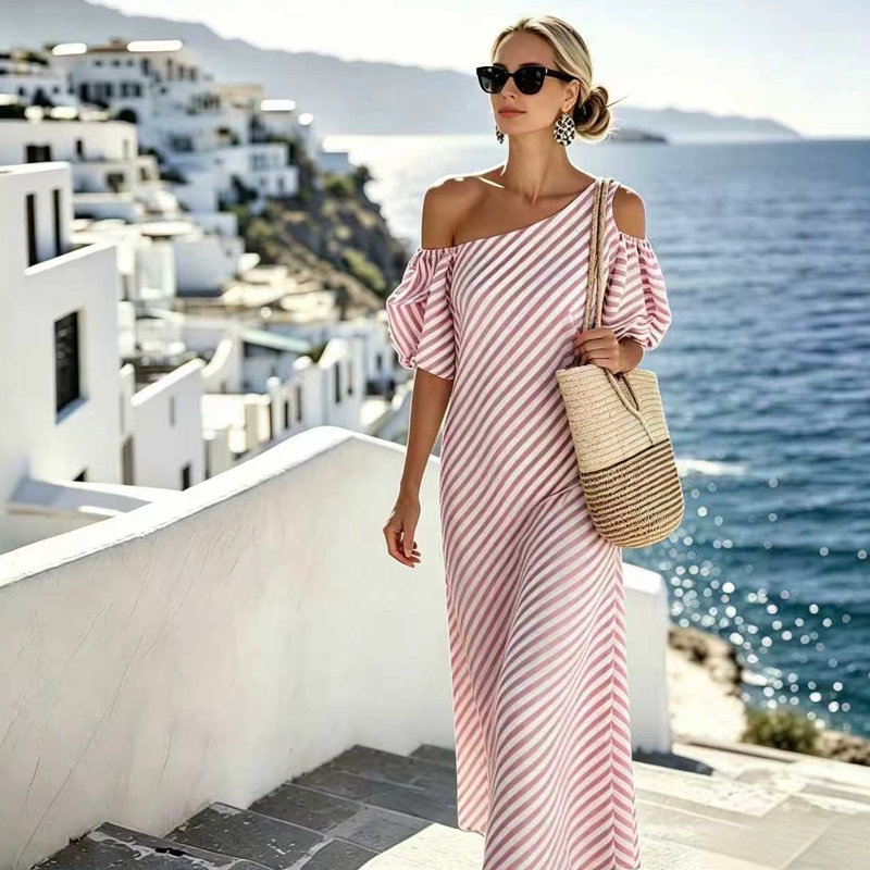 Women's Striped Off Shoulder Dress – Elegant, Flowy, Summer Chic 🌊