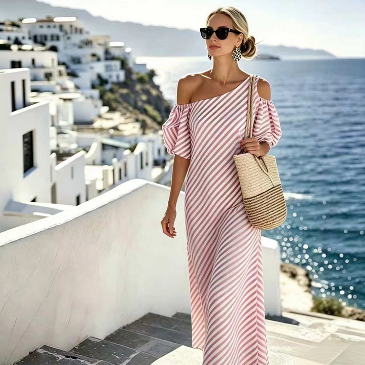 Women's Striped Off Shoulder Dress – Elegant, Flowy, Summer Chic 🌊