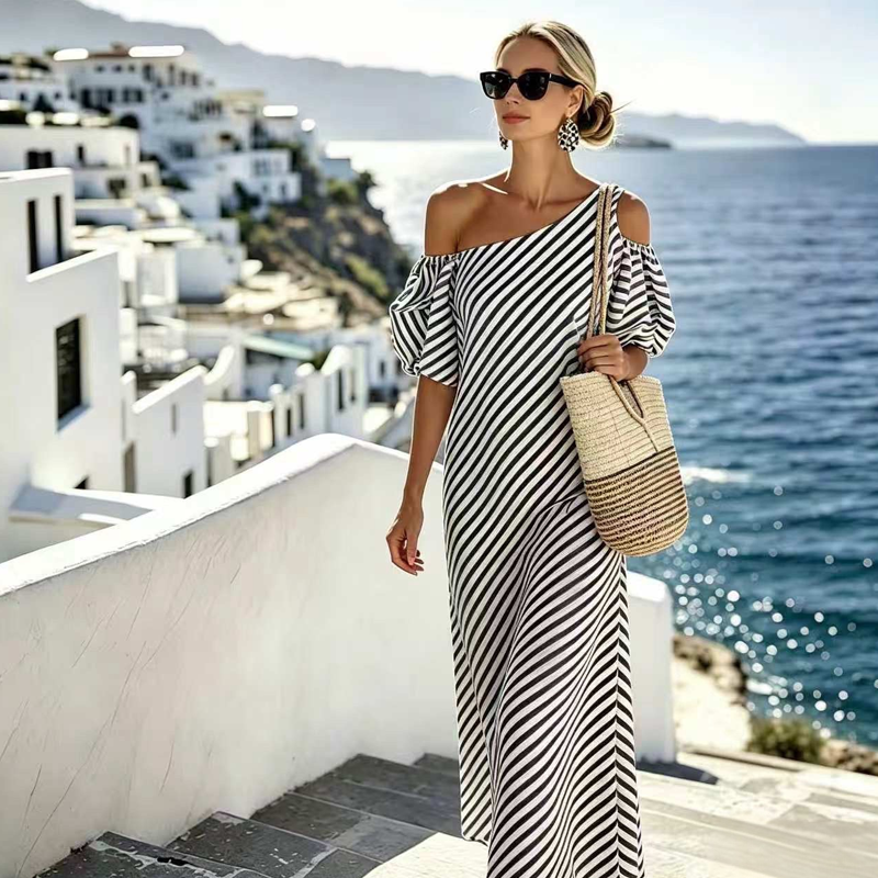 Women's Striped Off Shoulder Dress – Elegant, Flowy, Summer Chic 🌊