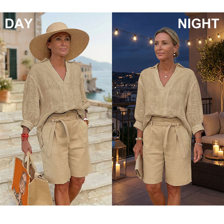 Casual women's set consisting of a V-neck top and shorts