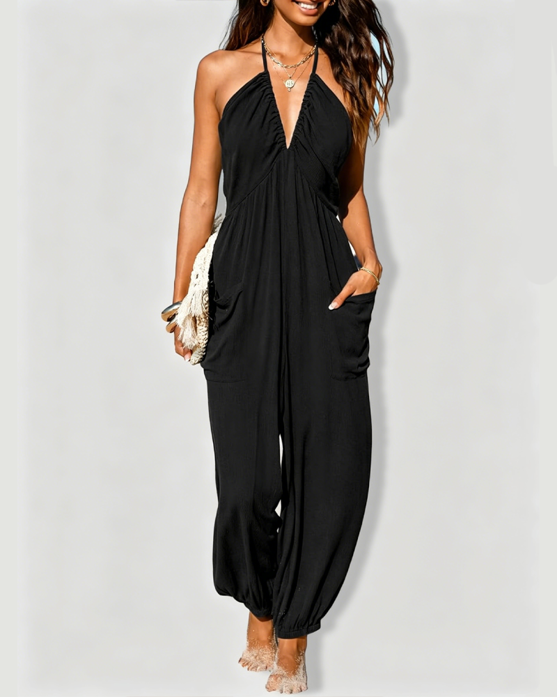 Halter Sleeveless Ruched Pocket Tie-Back Wide Leg Jogger Jumpsuit
