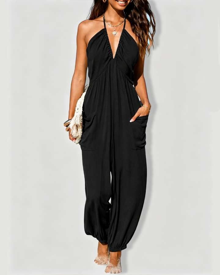 Halter Sleeveless Ruched Pocket Tie-Back Wide Leg Jogger Jumpsuit