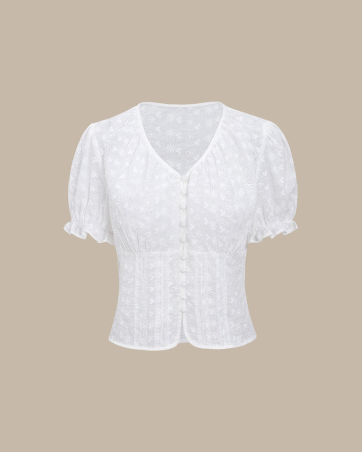 White Floral Puffed Sleeve Blouse