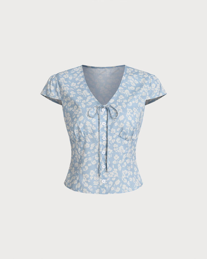 Blue Floral V-Neck Blouse