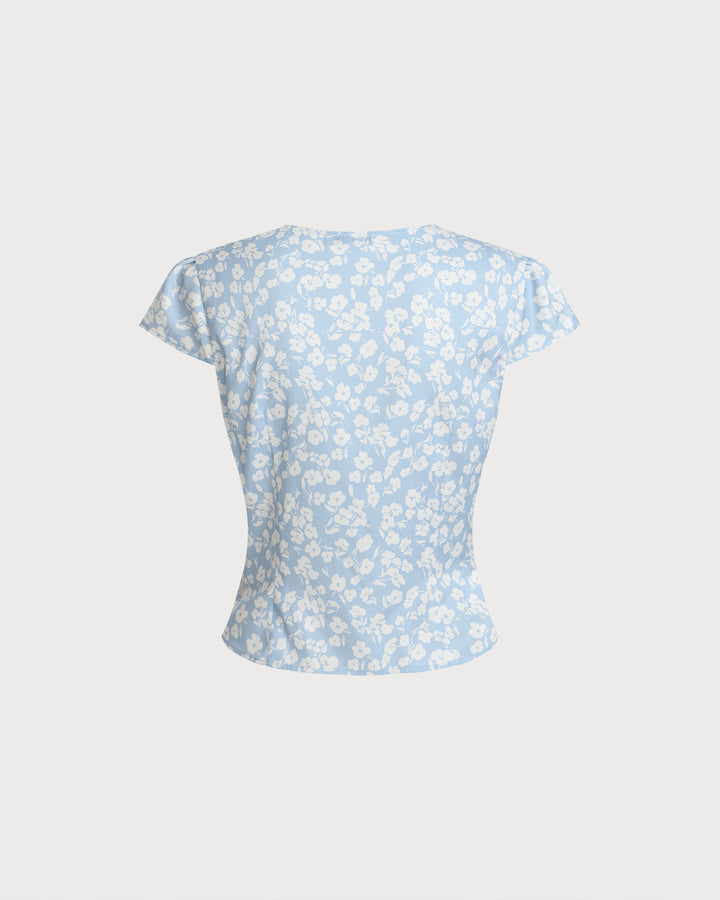 Blue Floral V-Neck Blouse
