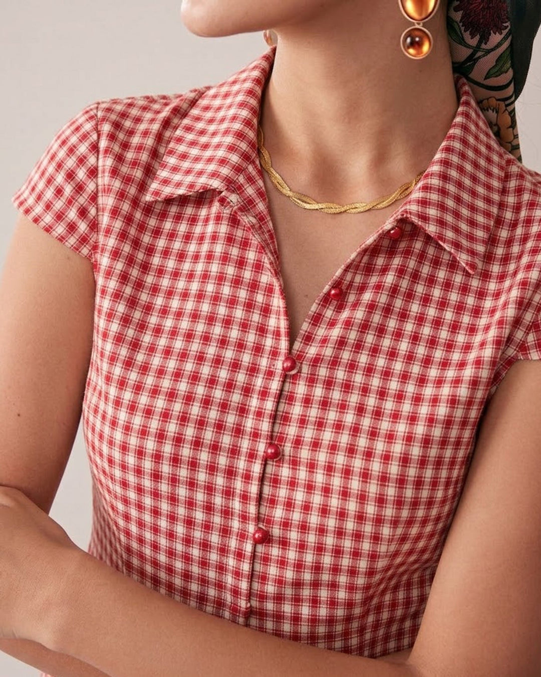 Red Plaid Cap Sleeve Button Blouse