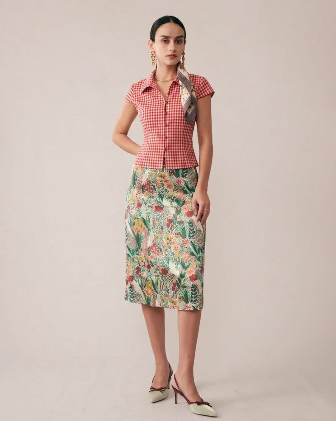 Red Plaid Cap Sleeve Button Blouse