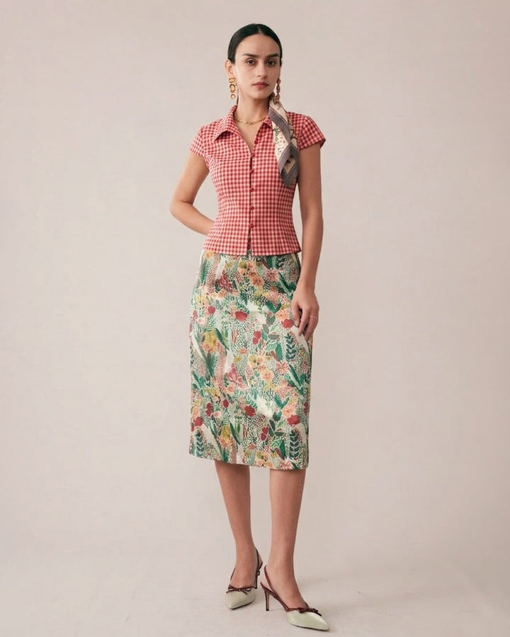 Red Plaid Cap Sleeve Button Blouse
