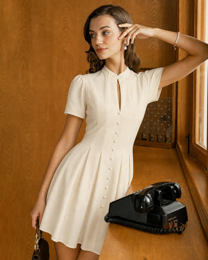 Apricot Mandarin Collar Cut Out Mini Dress