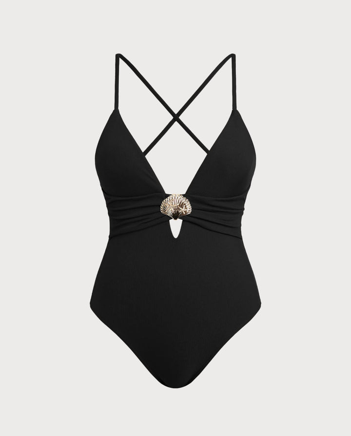 Black Cut Out Ribbed Triangle One Piece