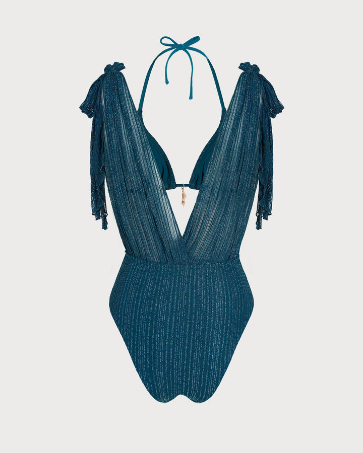 Blue Halter Sequins Drawstring Bikini Set