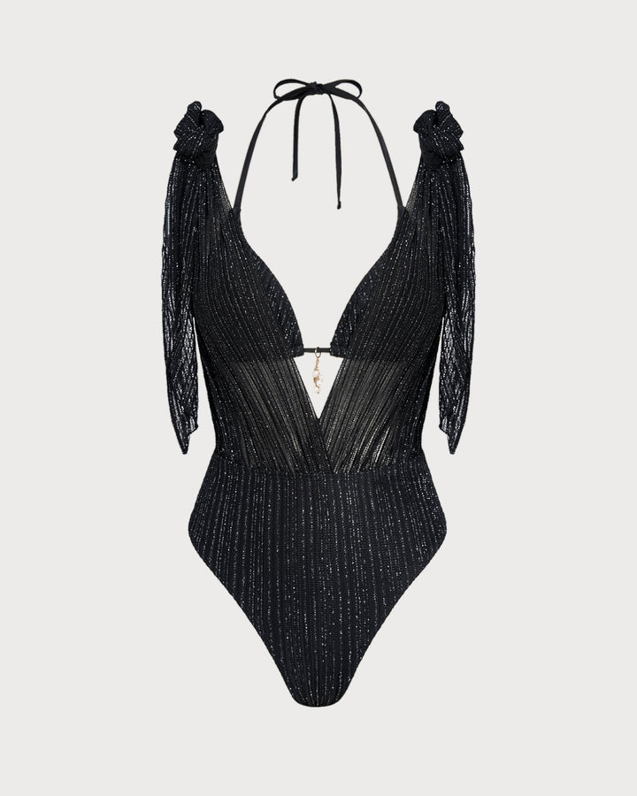 Black Halter Drawstring Triangle Bikini Set