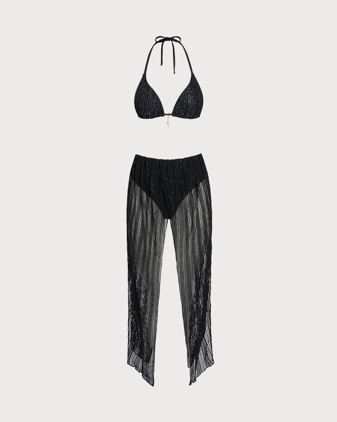 Black Halter Drawstring Triangle Bikini Set