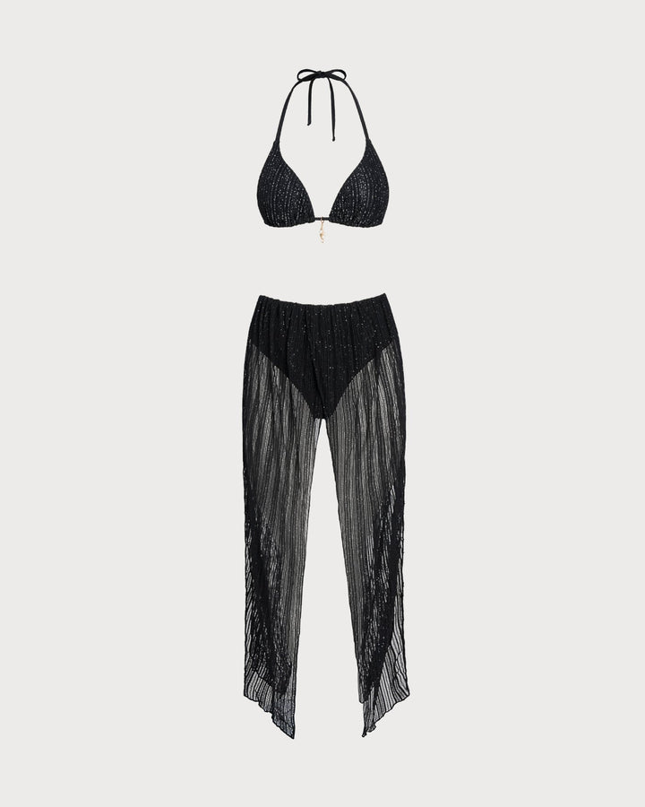 Black Halter Drawstring Triangle Bikini Set