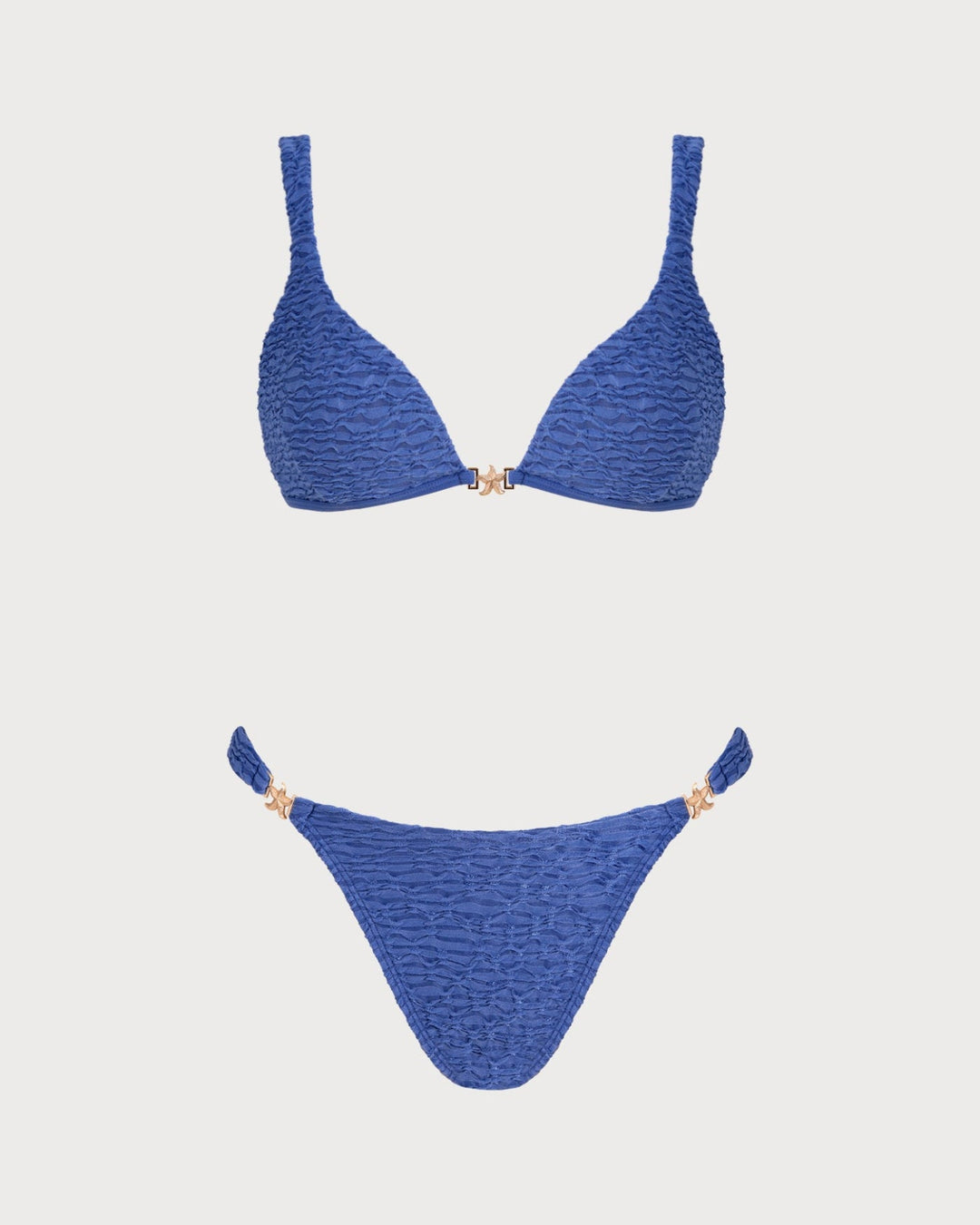 Blue V Neck Textured Triangle Bikini Set