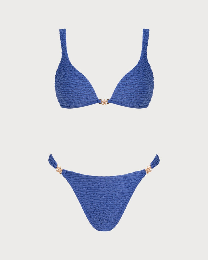 Blue V Neck Textured Triangle Bikini Set