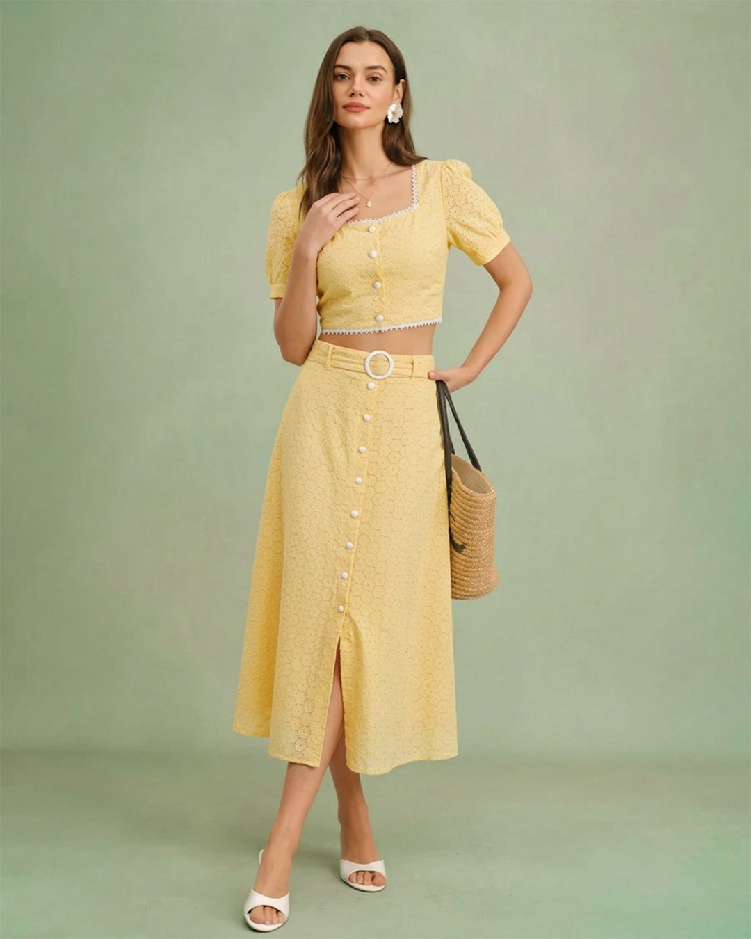 Yellow Square Neck Embroidery Blouse
