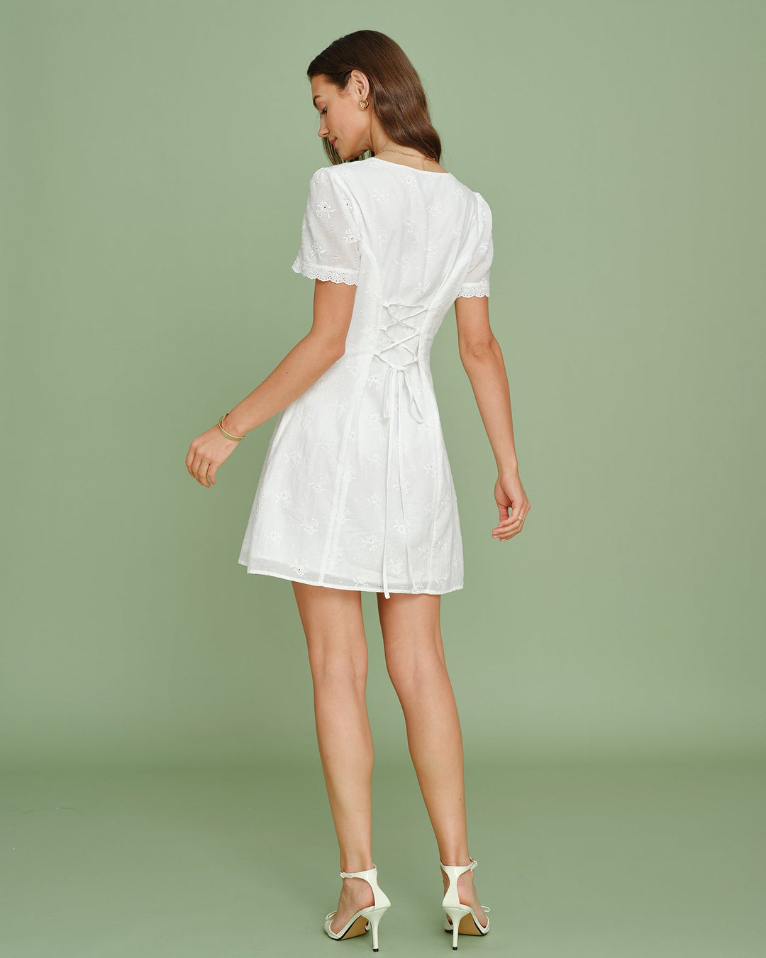White V Neck Embroidery Lace Mini Dress