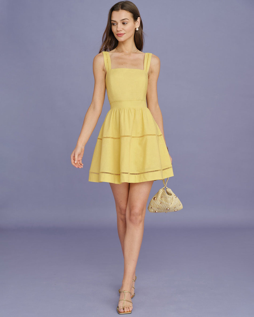 Yellow Square Neck Shirred Mini Dress