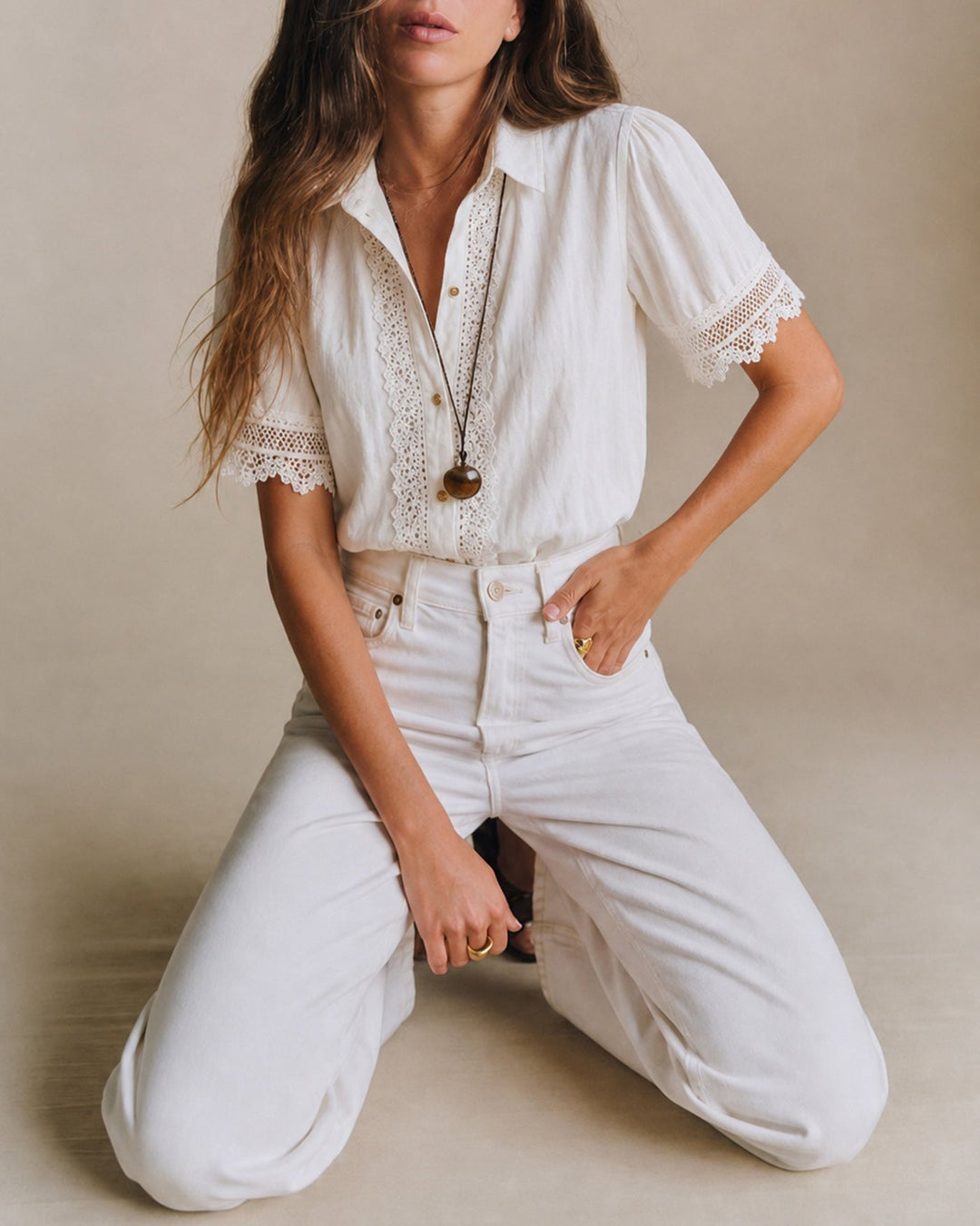 White Collar Splicing Button Shirt