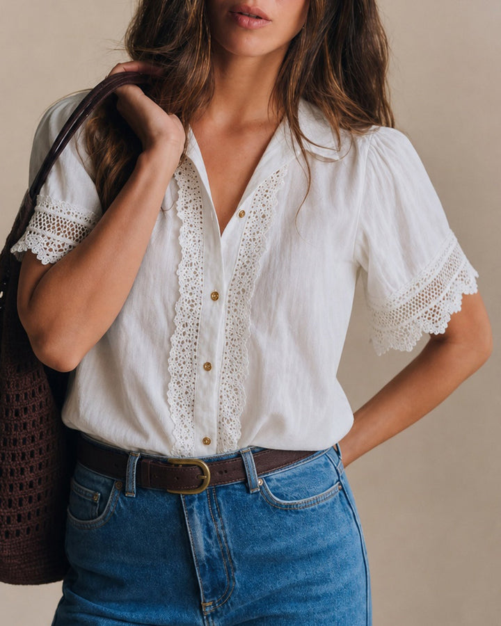 White Collar Splicing Button Shirt