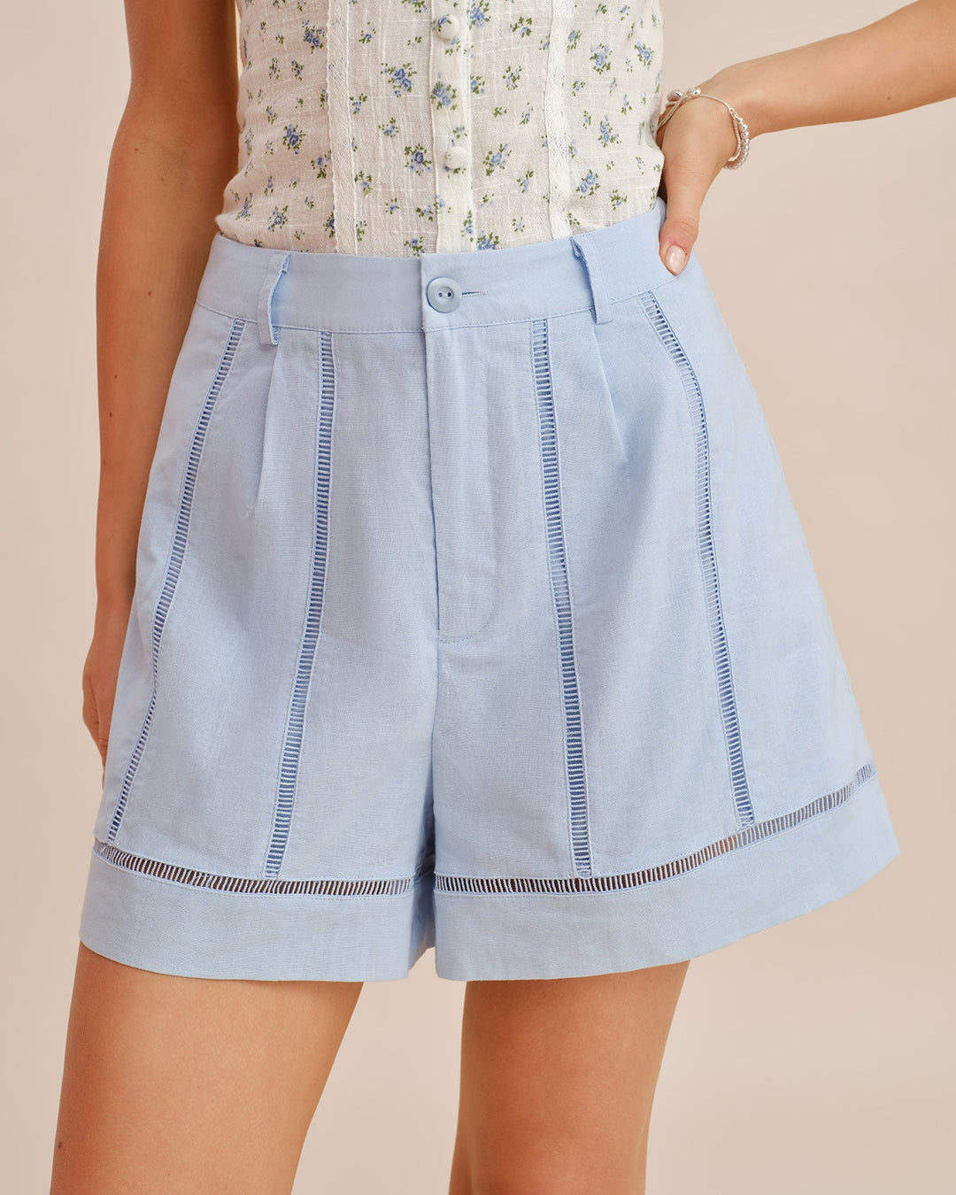 Blue Button Cut Out Zipper Shorts