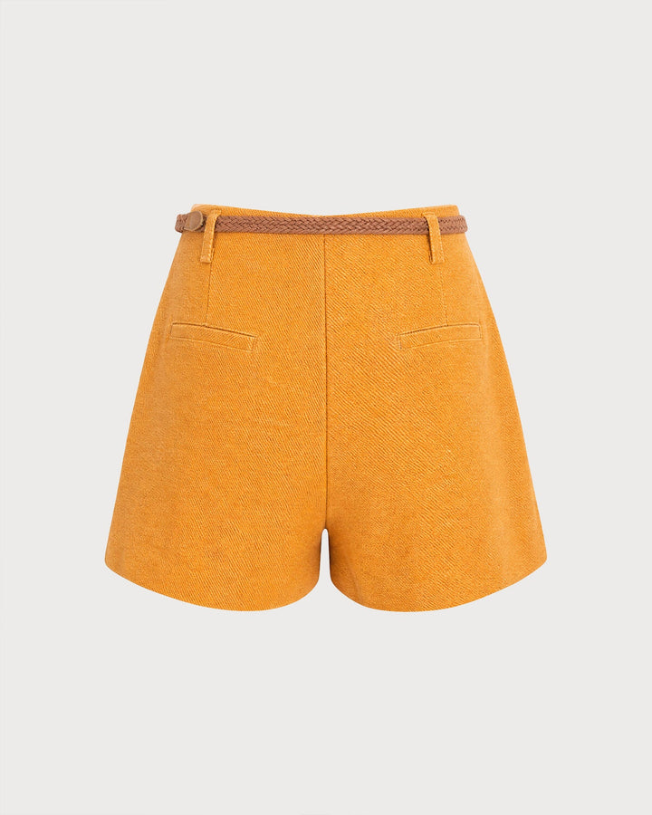 Yellow Solid Belt Pockets Shorts